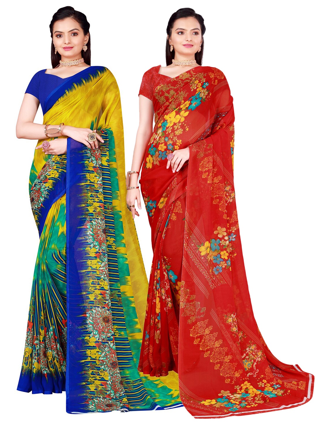 

SAADHVI Pack of 2 Olive Green & Red Floral Pure Georgette Sarees