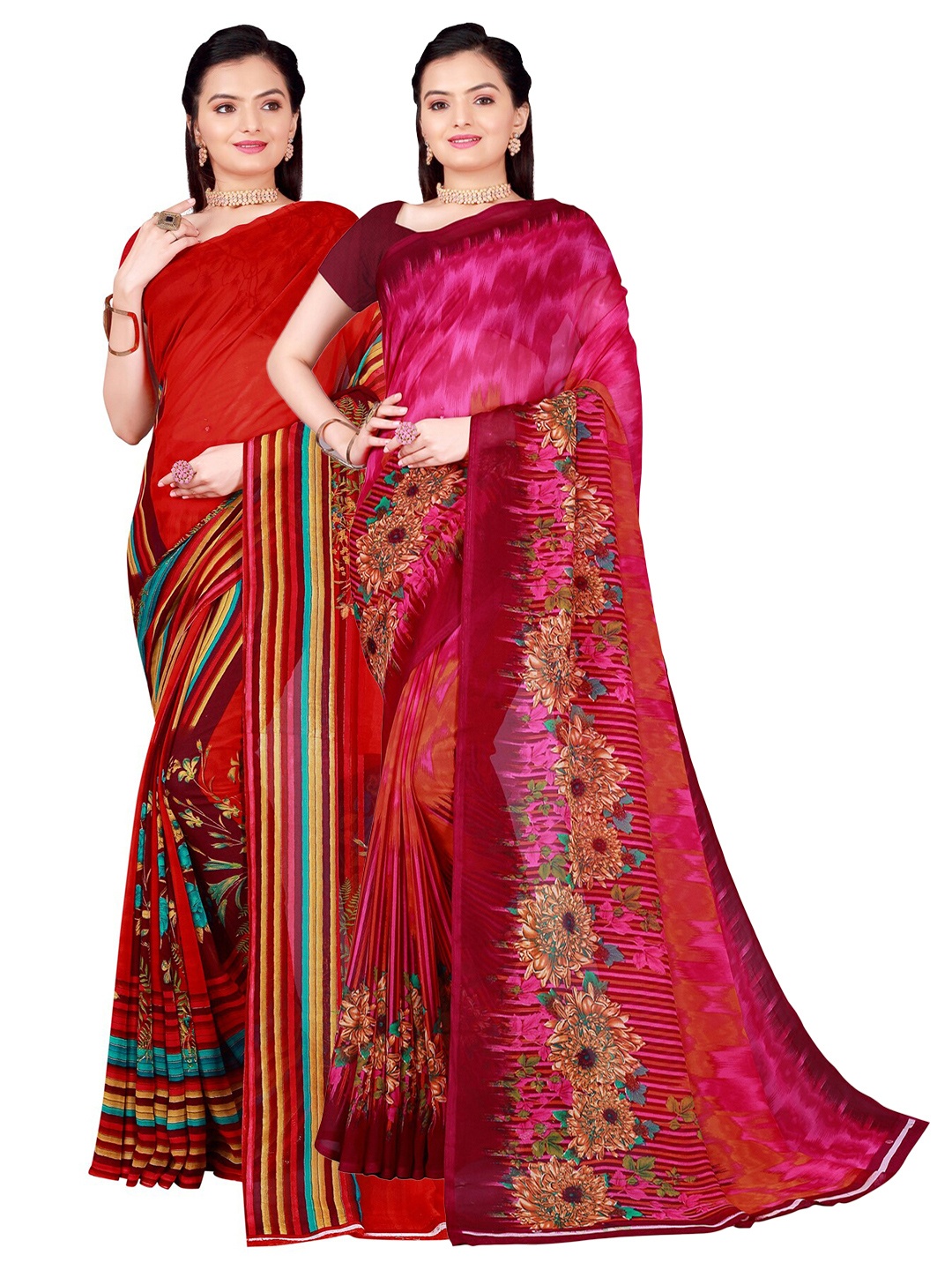 

SAADHVI Pack of 2 Floral Pure Georgette Sarees, Red