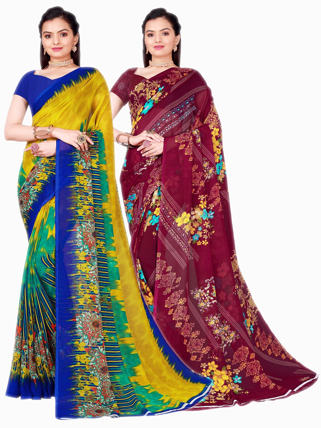 

SAADHVI Pack of 2 Olive Green & Maroon Floral Pure Georgette Sarees