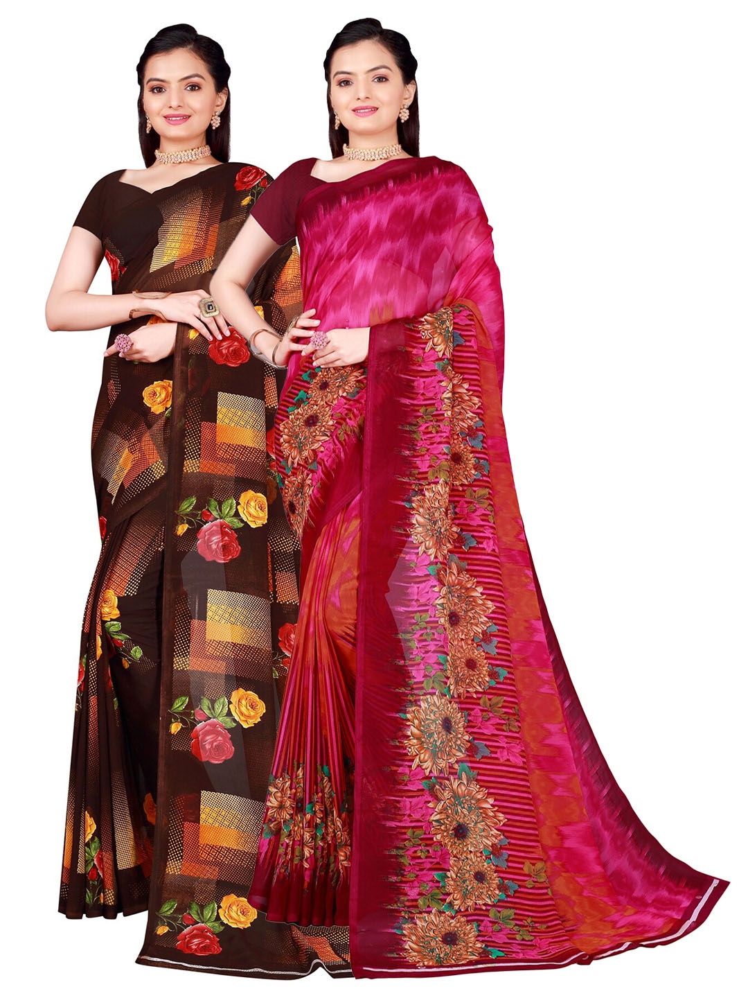 

SAADHVI Women Magenta & Brown Set of 2 Floral Printed Georgette Sarees