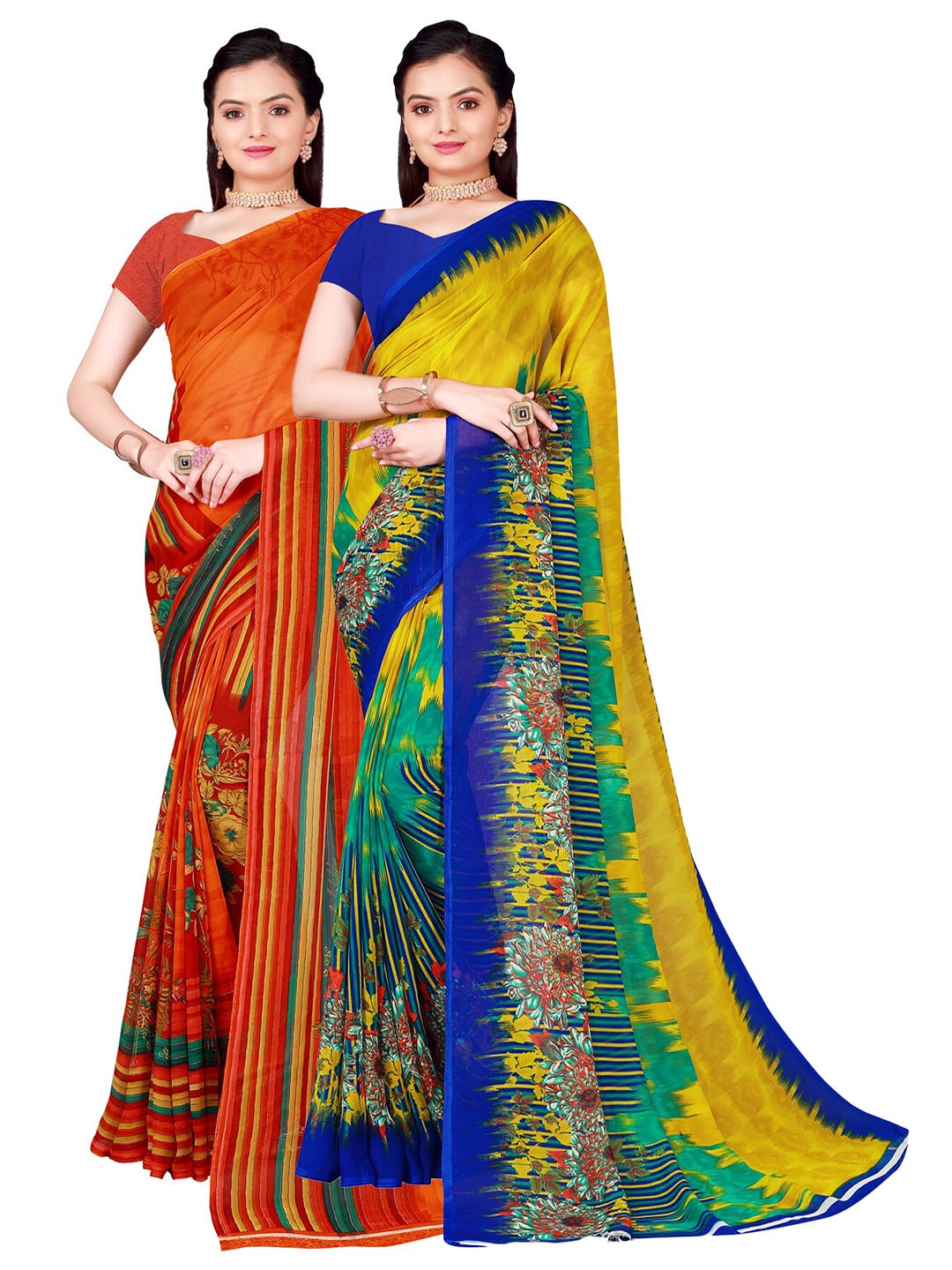 

SAADHVI Pack Of 2 Olive Green & Orange Floral Printed Pure Georgette Saree