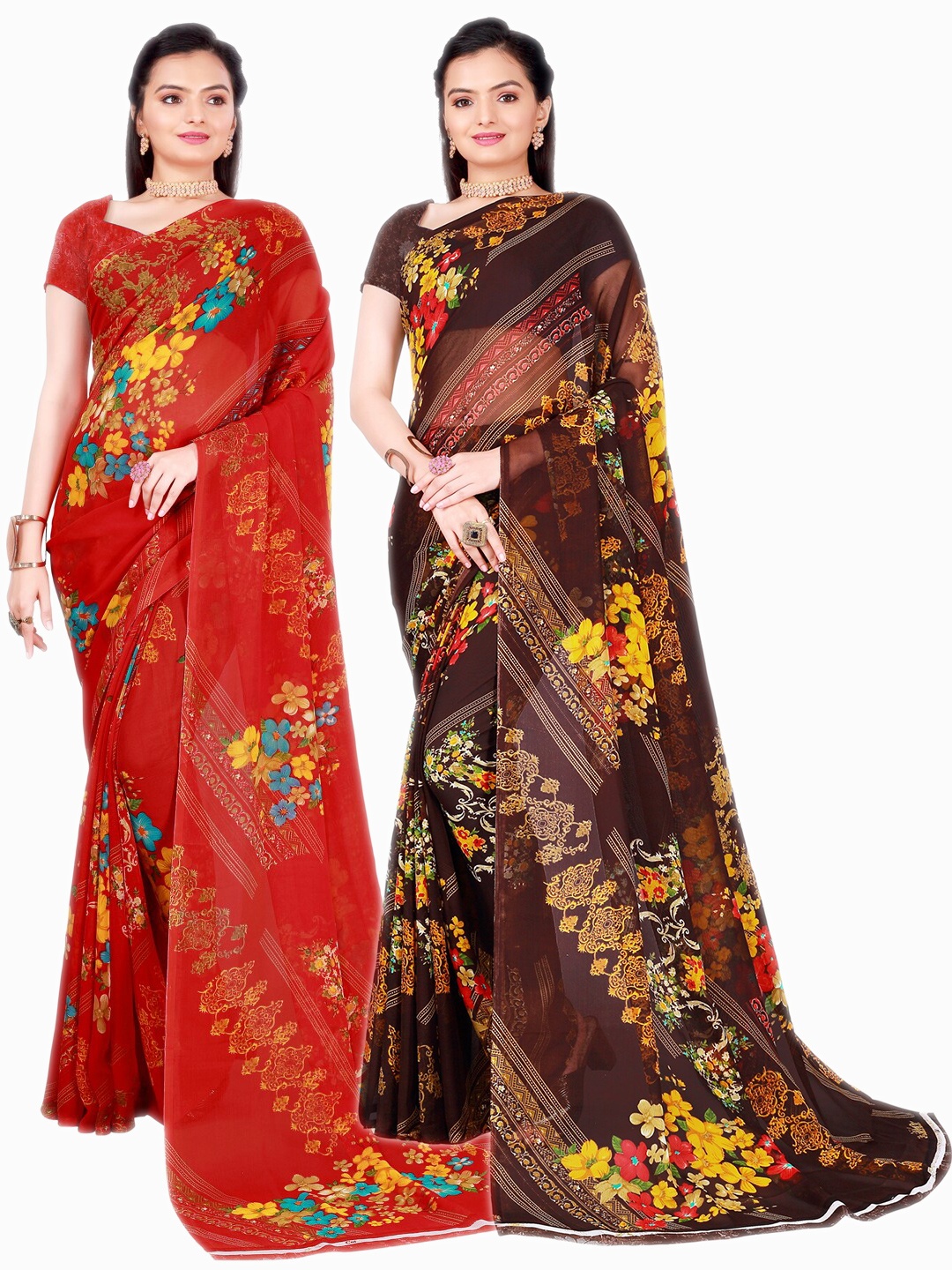 

SAADHVI Red & Coffee Brown Set of 2 Floral Printed Pure Georgette Saree