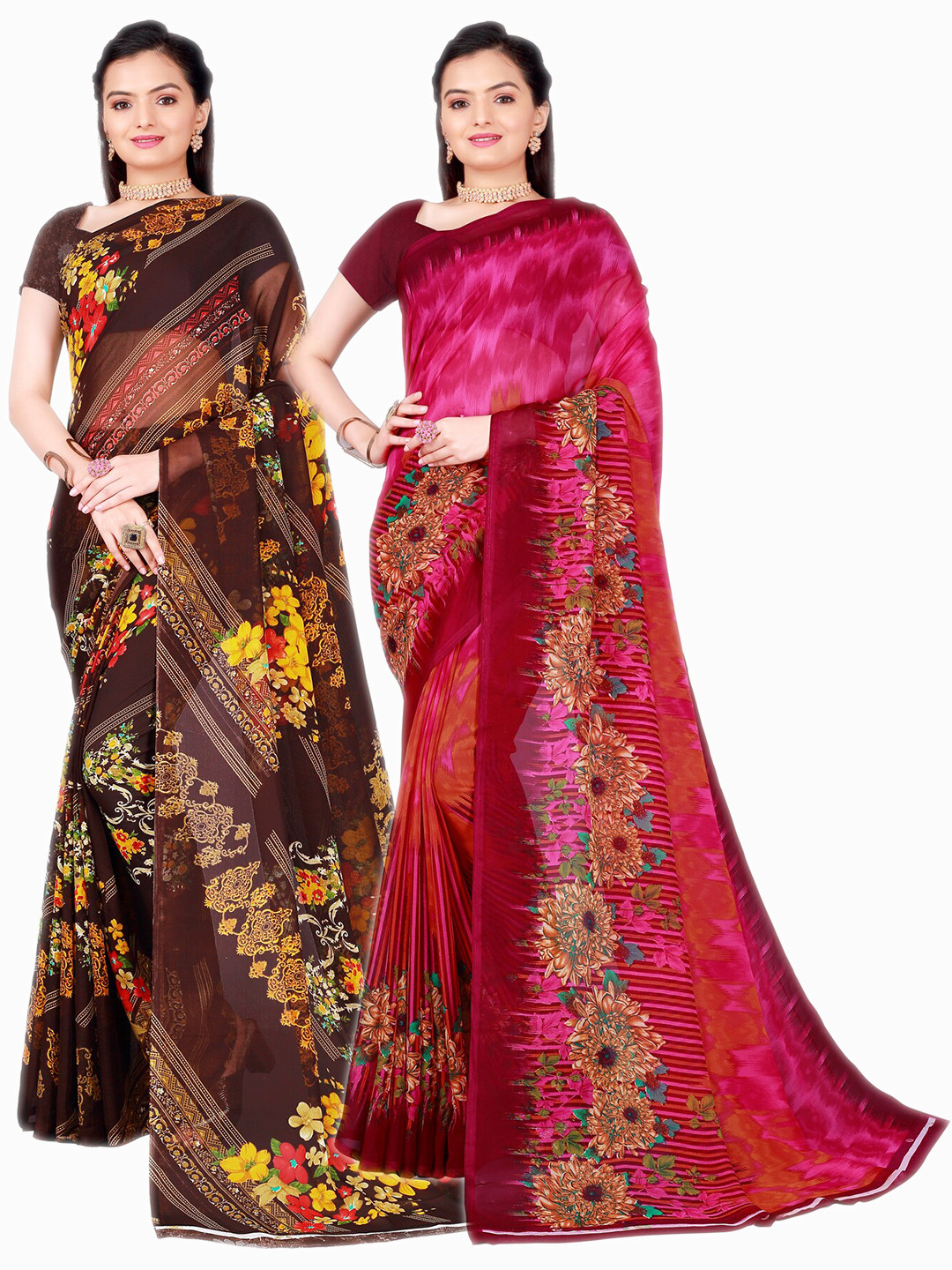 

SAADHVI Pack of 2 Pink & Coffee Brown Floral Pure Georgette Sarees