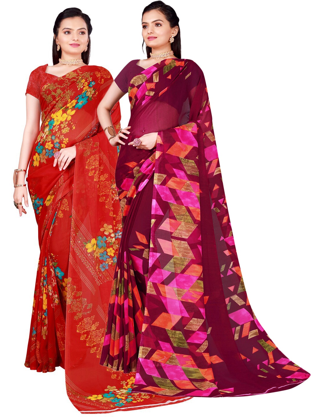 

SAADHVI Red & Burgundy Set Of 2 Floral Printed Pure Georgette Saree