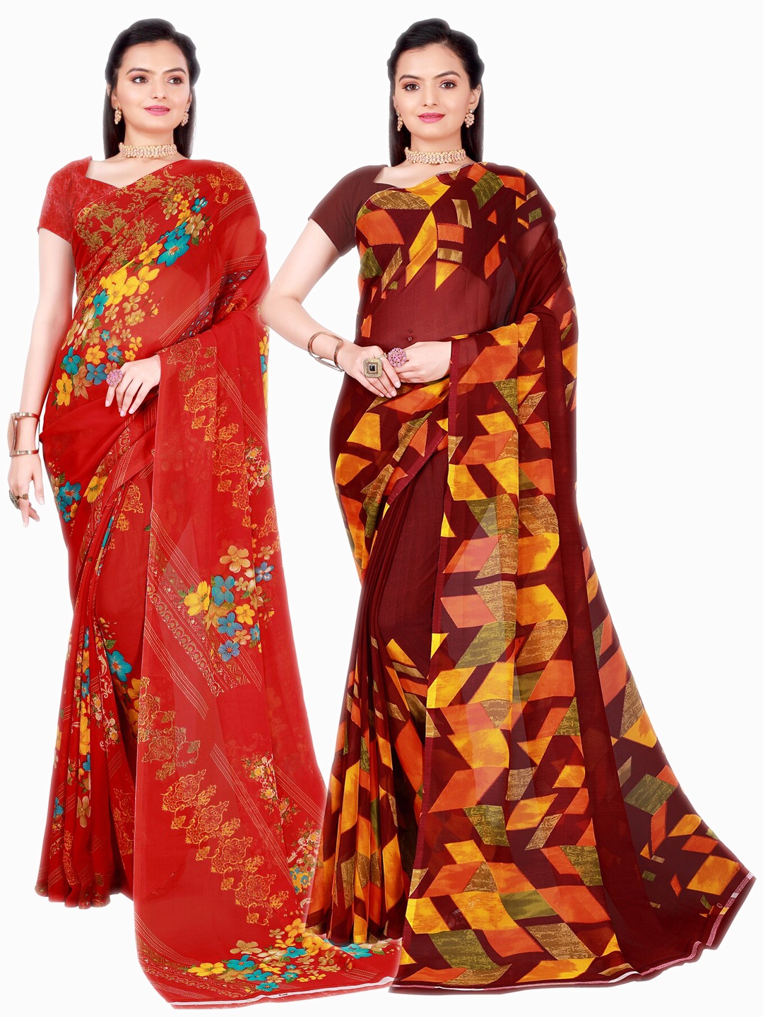 

SAADHVI Red & Maroon Floral Pure Georgette Saree Pack Of 2