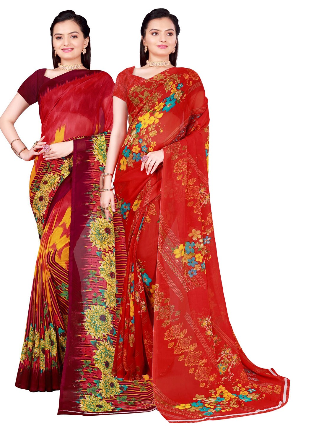 

SAADHVI Pack of 2 Red & Yellow Floral Pure Georgette Sarees