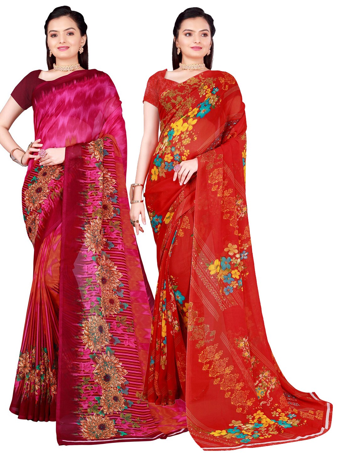 

SAADHVI Pack of 2 Red & Pink Floral Pure Georgette Sarees
