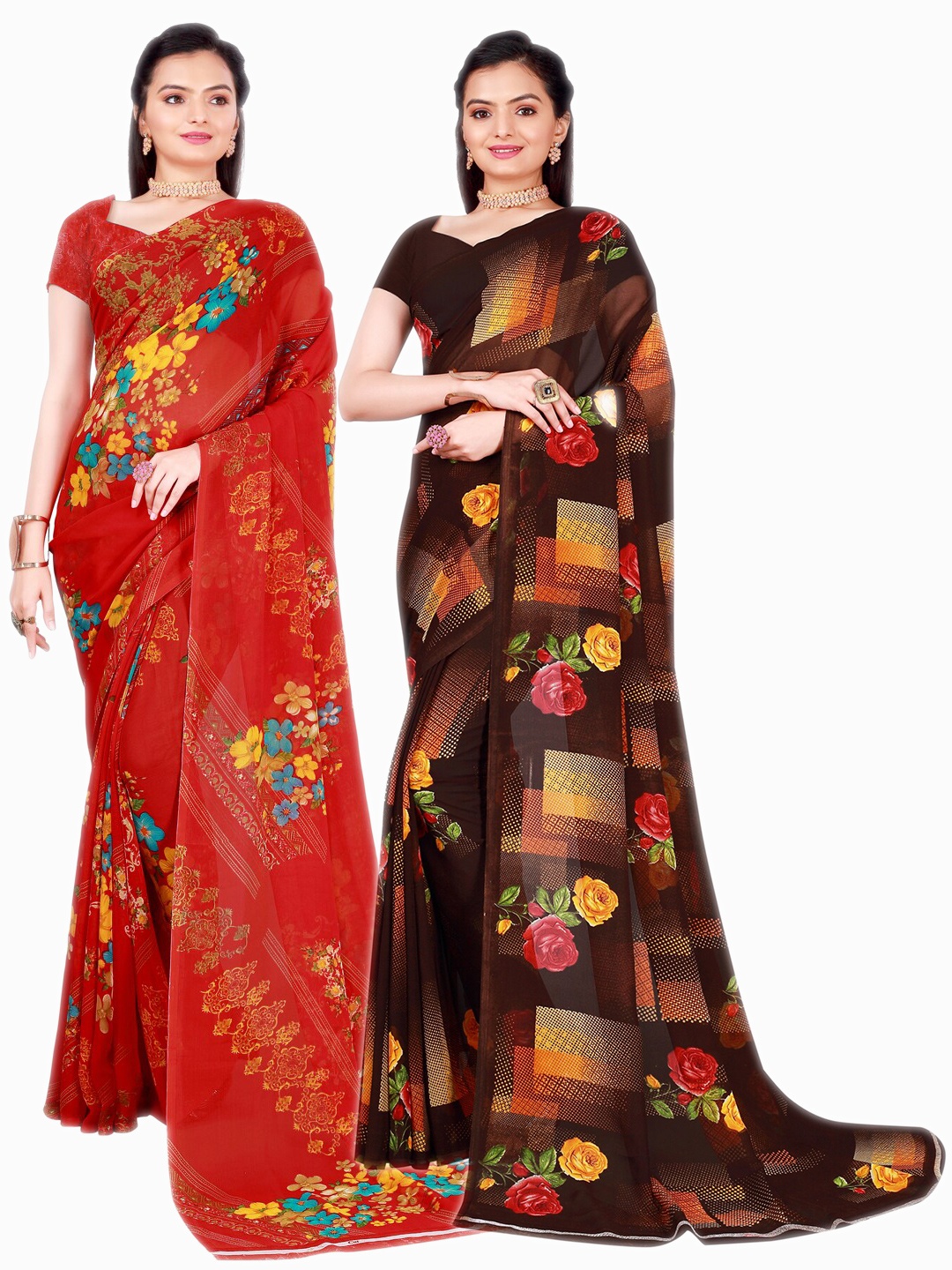 

SAADHVI Pack Of 2 Red & Brown Floral Printed Pure Georgette Saree