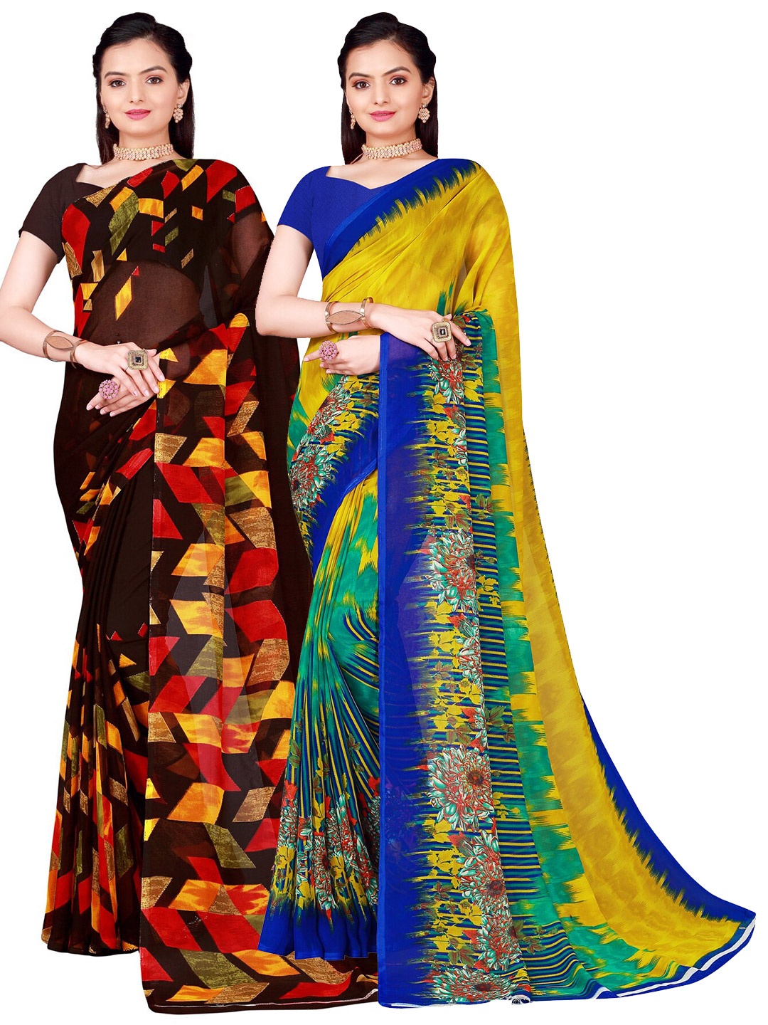

SAADHVI Set Of 2 Olive Green & Brown Floral Pure Georgette Sarees