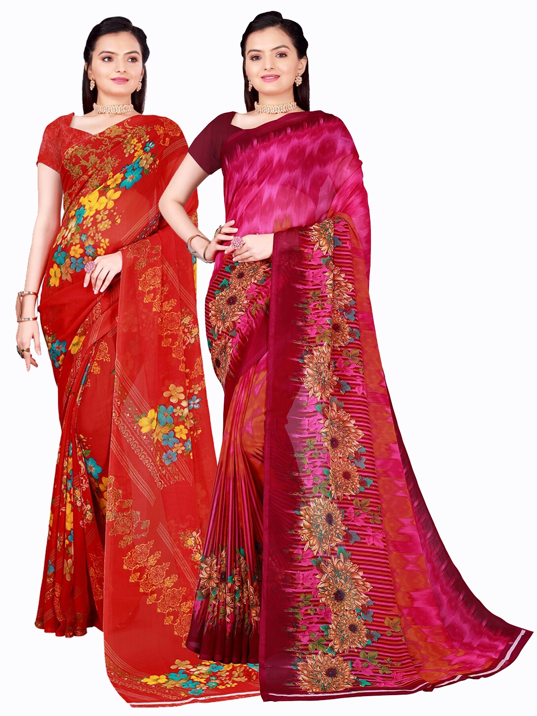 

SAADHVI Pack of 2 Pink & Red Pure Georgette Sarees