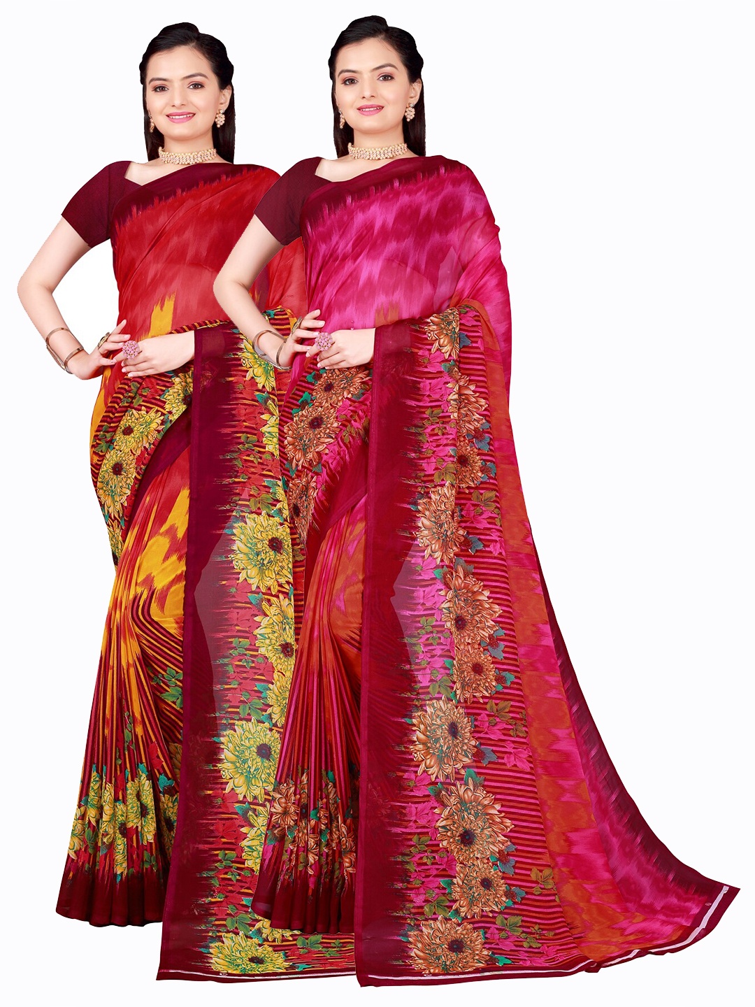 

SAADHVI Pink & Red Set Of 2 Floral Printed Pure Georgette Saree