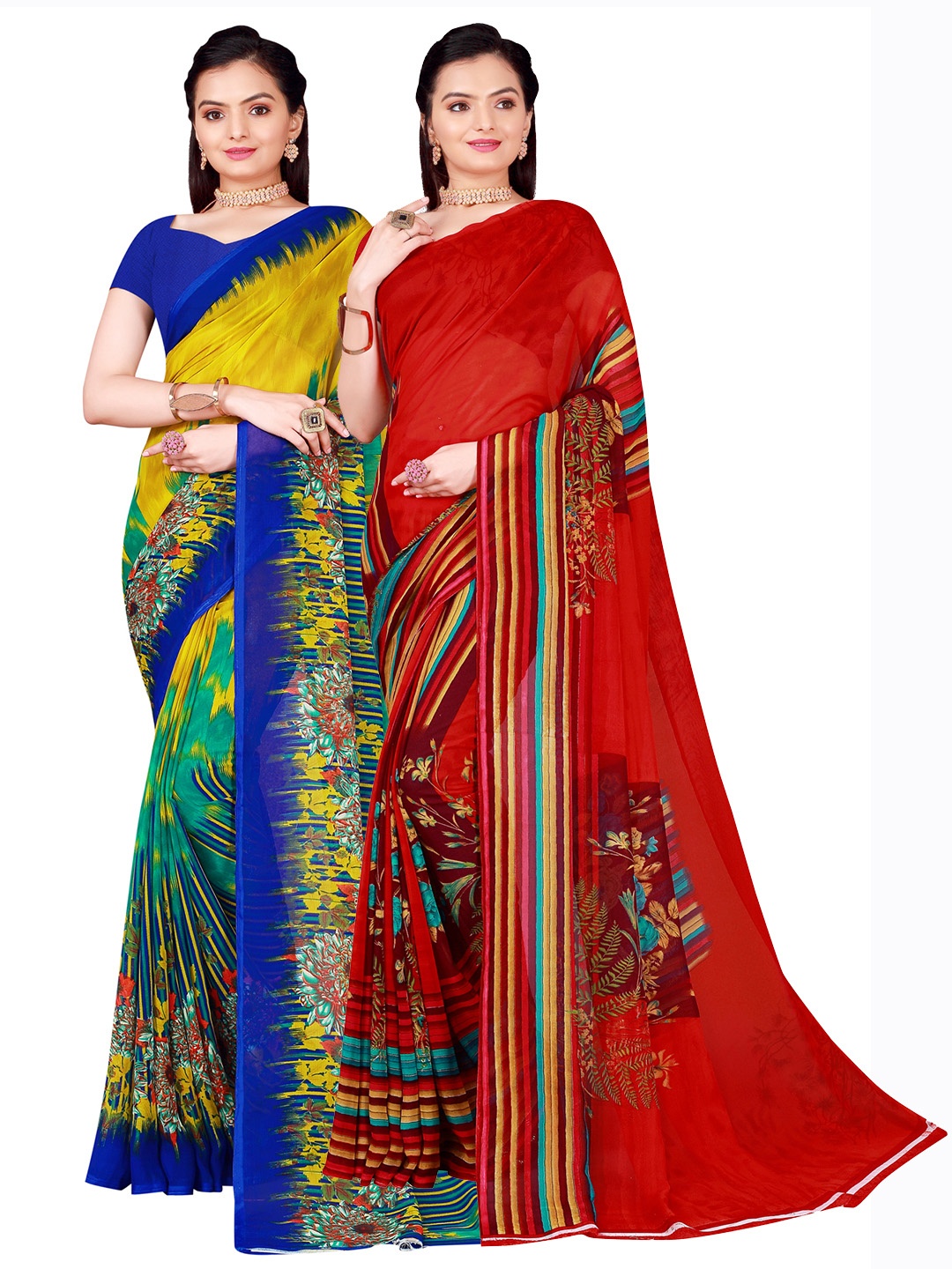 

SAADHVI Pack Of 2 Green & Red Floral Georgette Saree