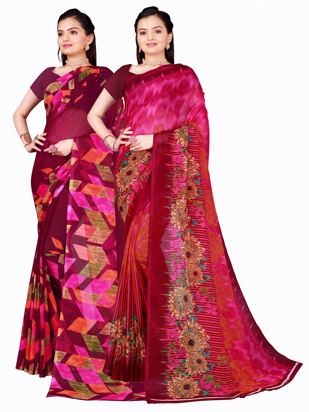 

SAADHVI Set Of 2 Pink & Burgundy Floral Pure Georgette Saree