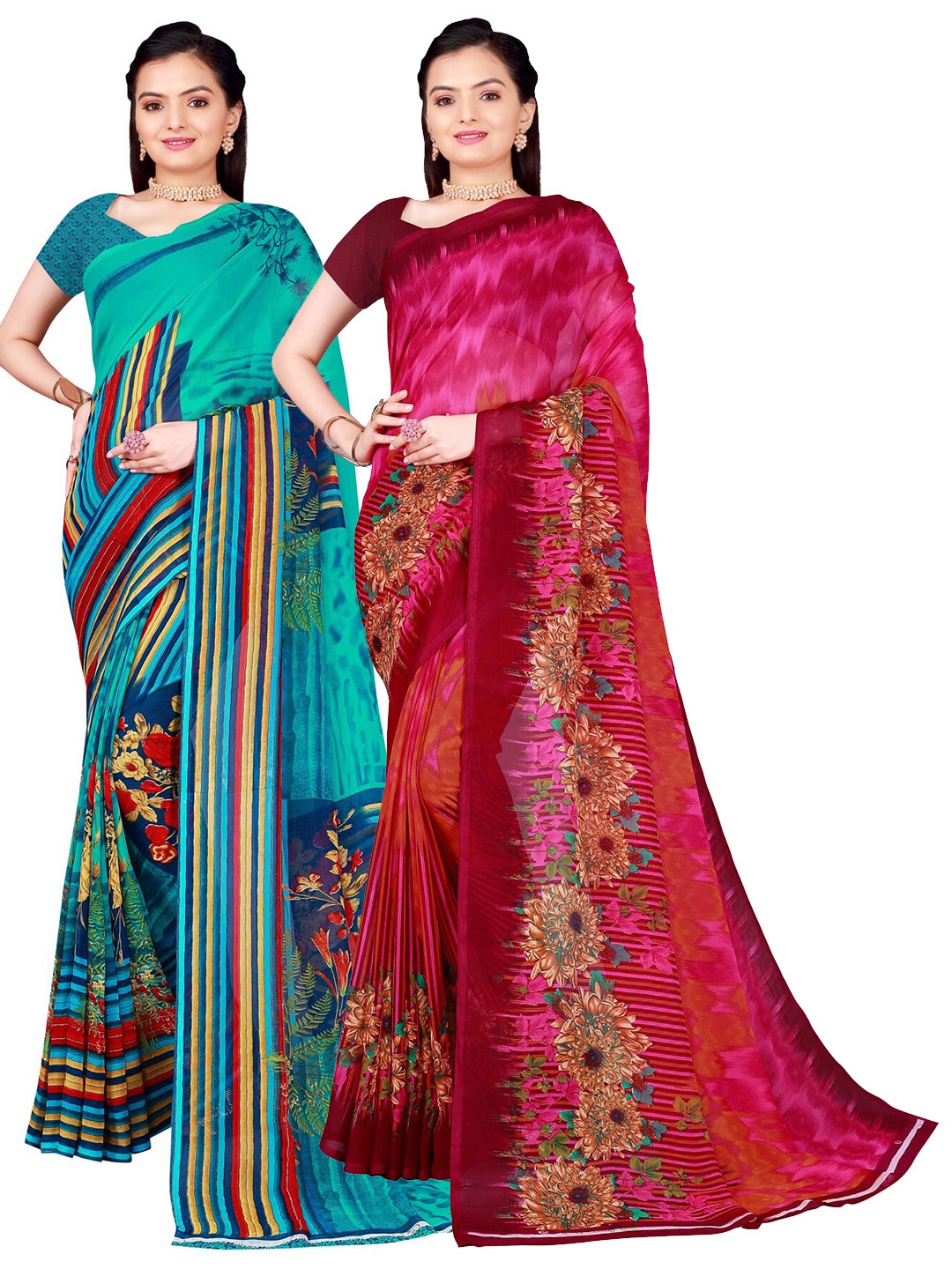 

SAADHVI Pink & Blue Set Of 2 Floral Printed Pure Georgette Saree
