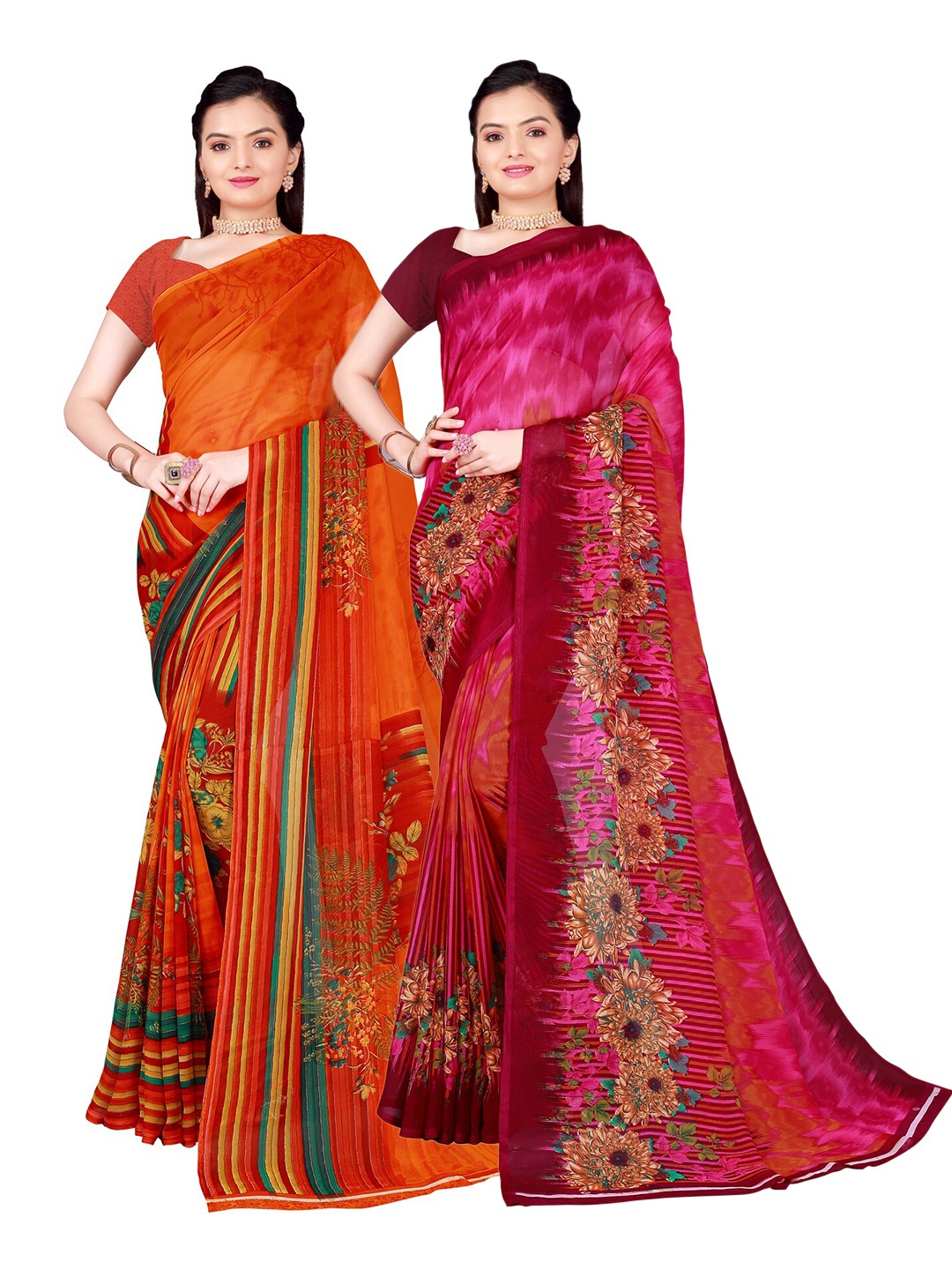 

SAADHVI Pack of 2 Pink & Orange Pure Georgette Sarees