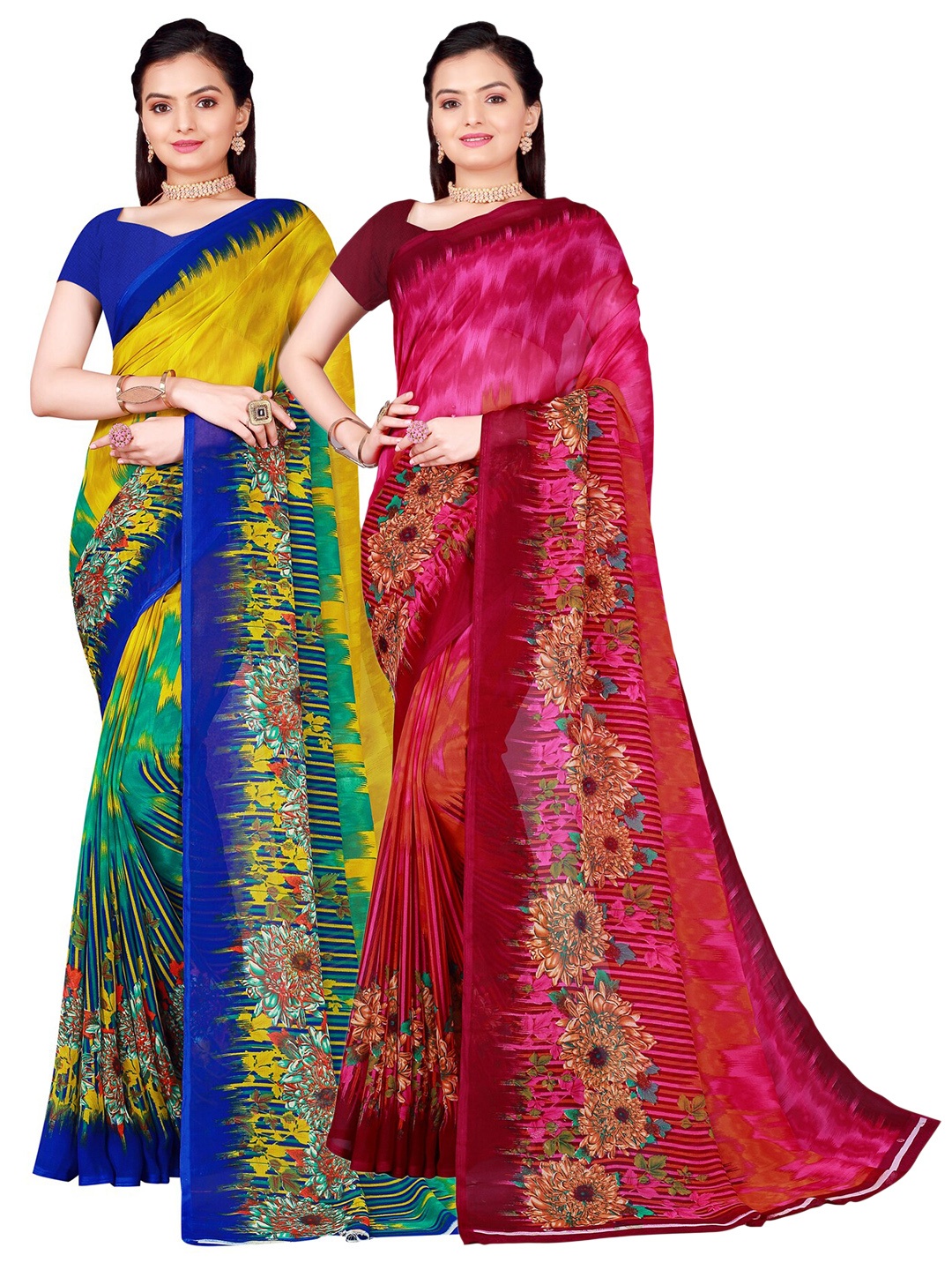 

SAADHVI Olive Green & Maroon Set of 2 Floral Printed Georgette Sarees