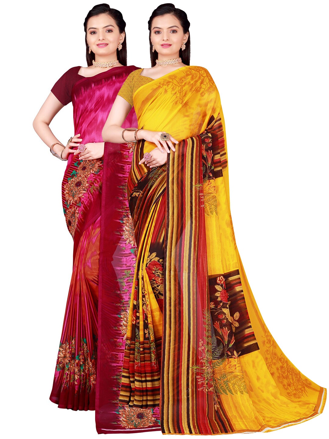 

SAADHVI Pack of 2 Floral Pure Georgette Sarees, Pink