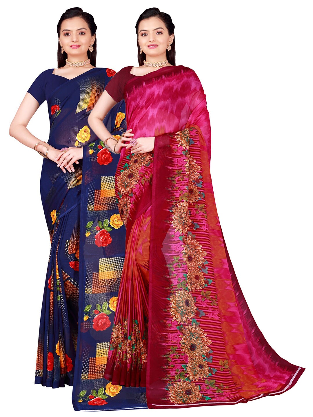 

SAADHVI Pink & Blue Printed Pure Georgette Saree Pack Of 2