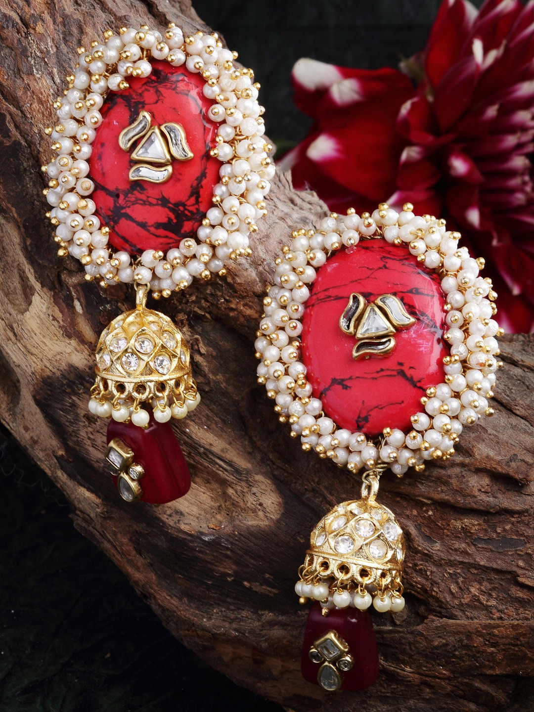 

DUGRISTYLE Red & Gold-Toned Dome Shaped Jhumkas Earrings