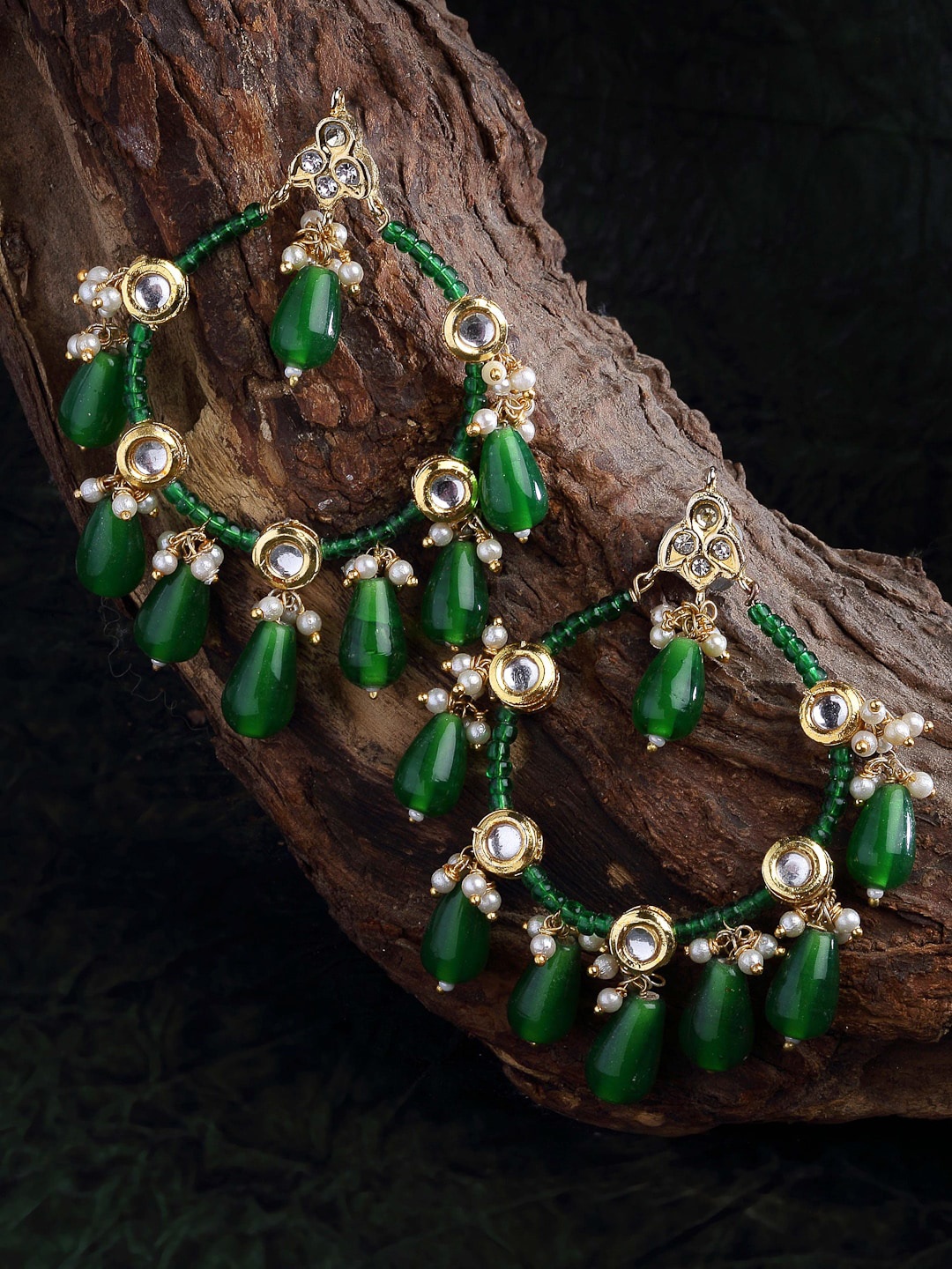 

DUGRISTYLE Green Kundan Classic Chandbali Earrings