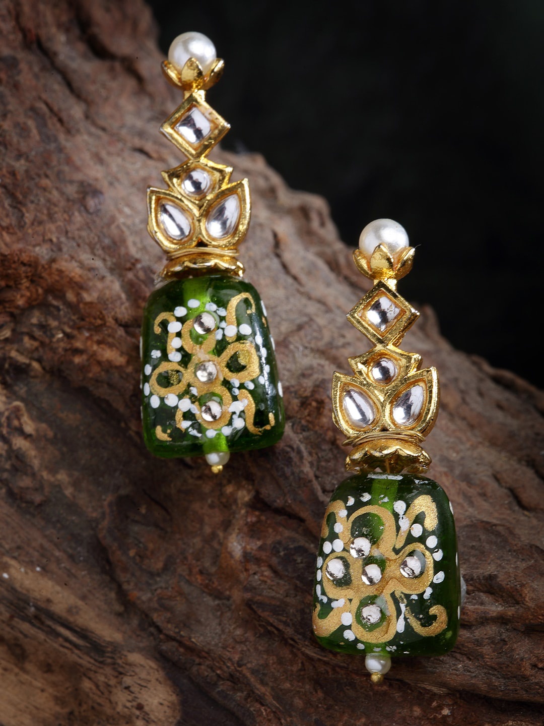 

DUGRISTYLE Green & Gold-Toned Classic Jhumkas Earrings