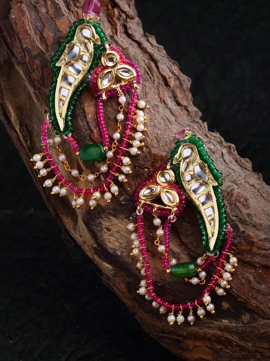 

DUGRISTYLE Pink & Gold Plated Sterling Silver Kundan Studded Classic Drop Earrings