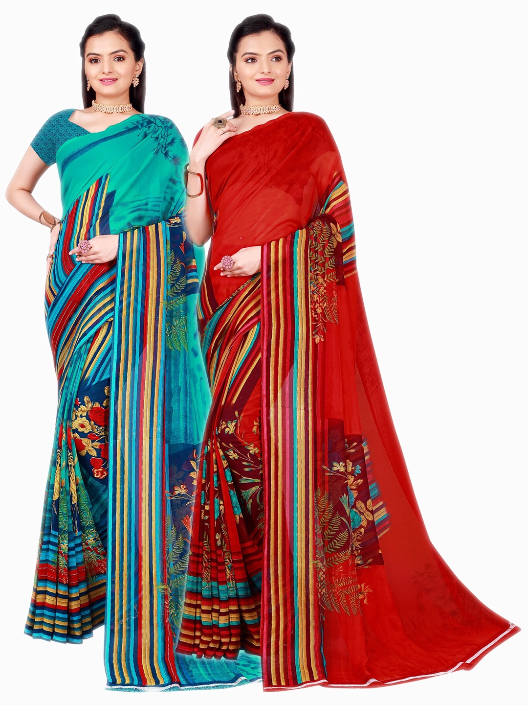 

SAADHVI Set Of 2 Teal Blue & Red Floral Pure Georgette Saree
