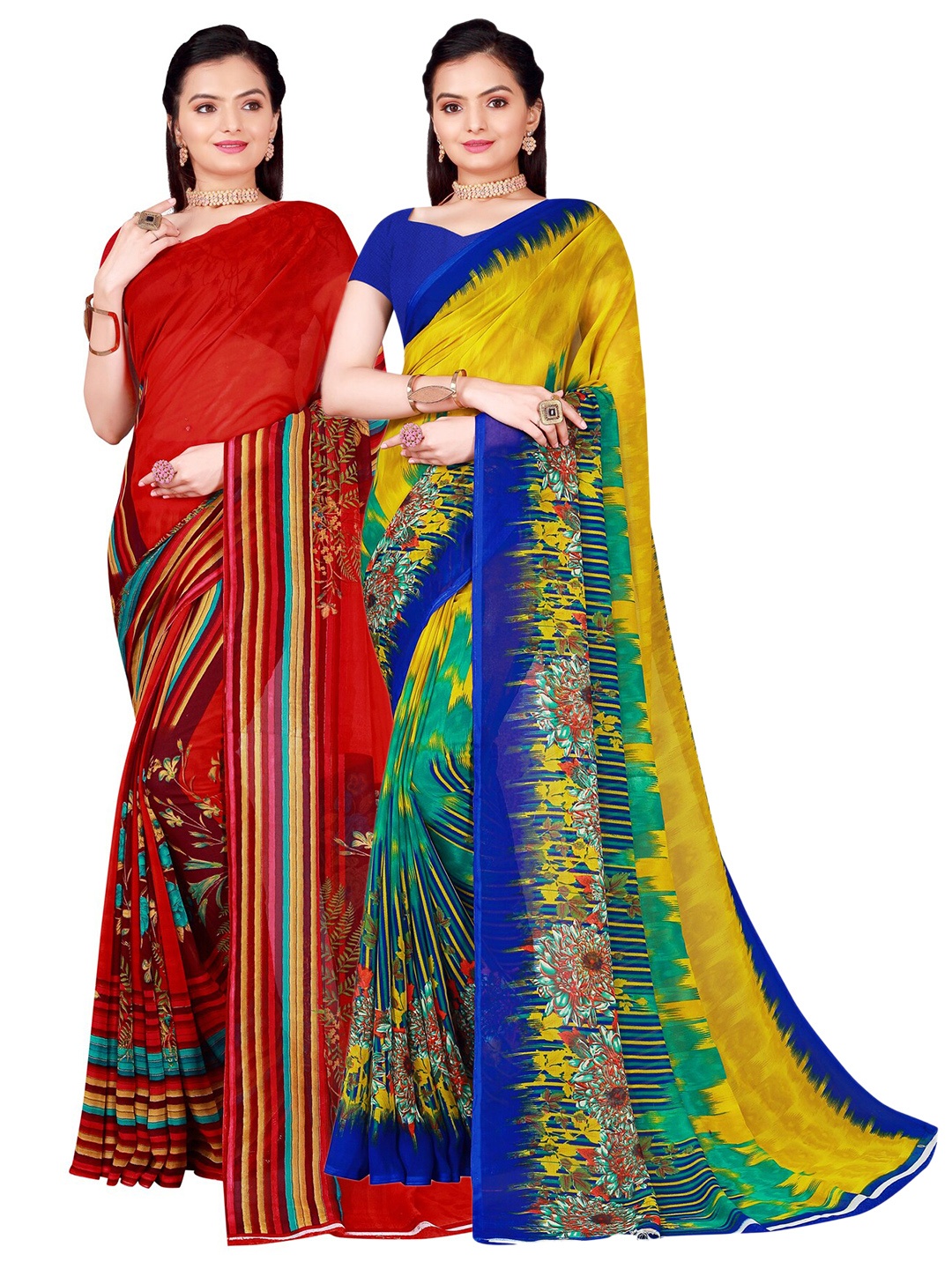 

SAADHVI Red & Blue Set of 2 Floral Printed Pure Georgette Saree