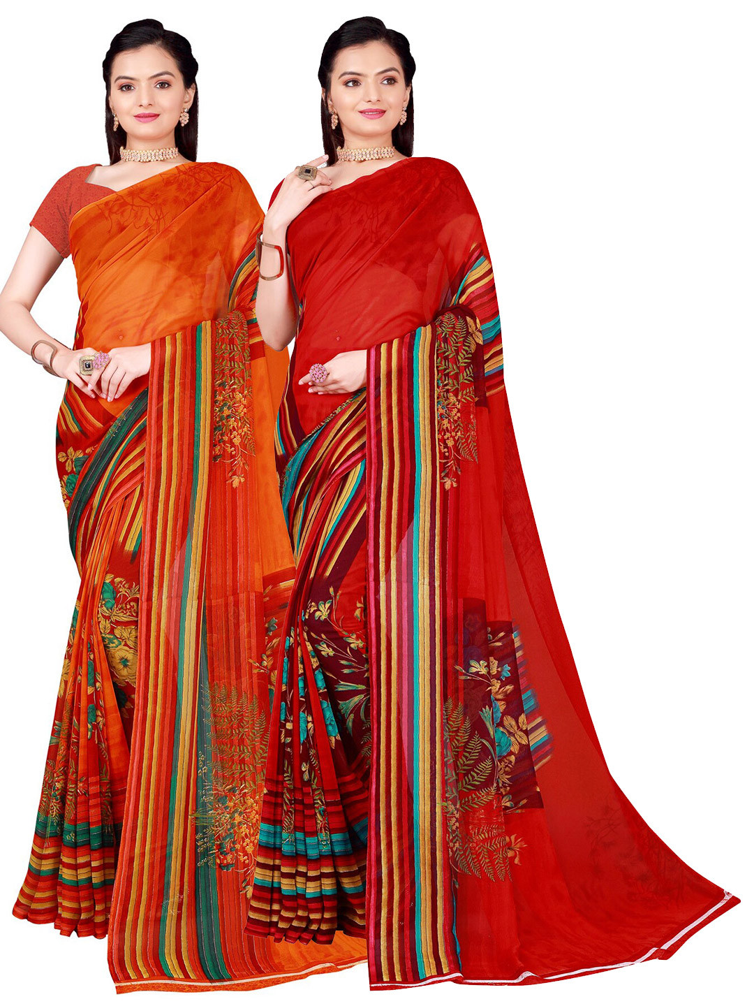 

SAADHVI Pack of 2 Red & Orange Floral Pure Georgette Saree