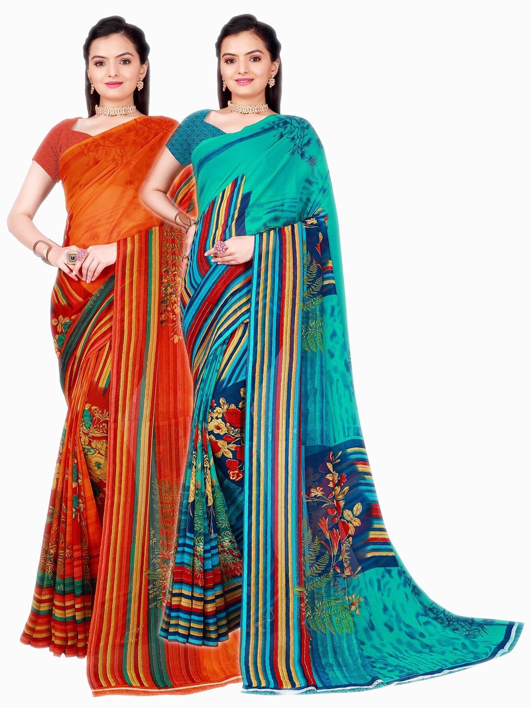 SAADHVI Pack Of 2 Teal & Orange Floral Pure Georgette Saree