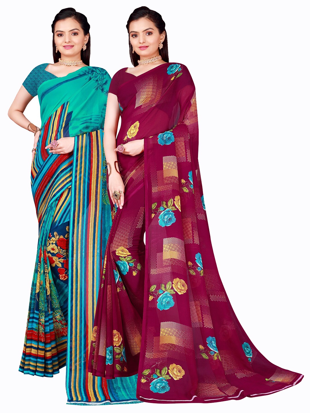

SAADHVI Pack Of 2 Teal Blue & Burgundy Floral Pure Georgette Saree