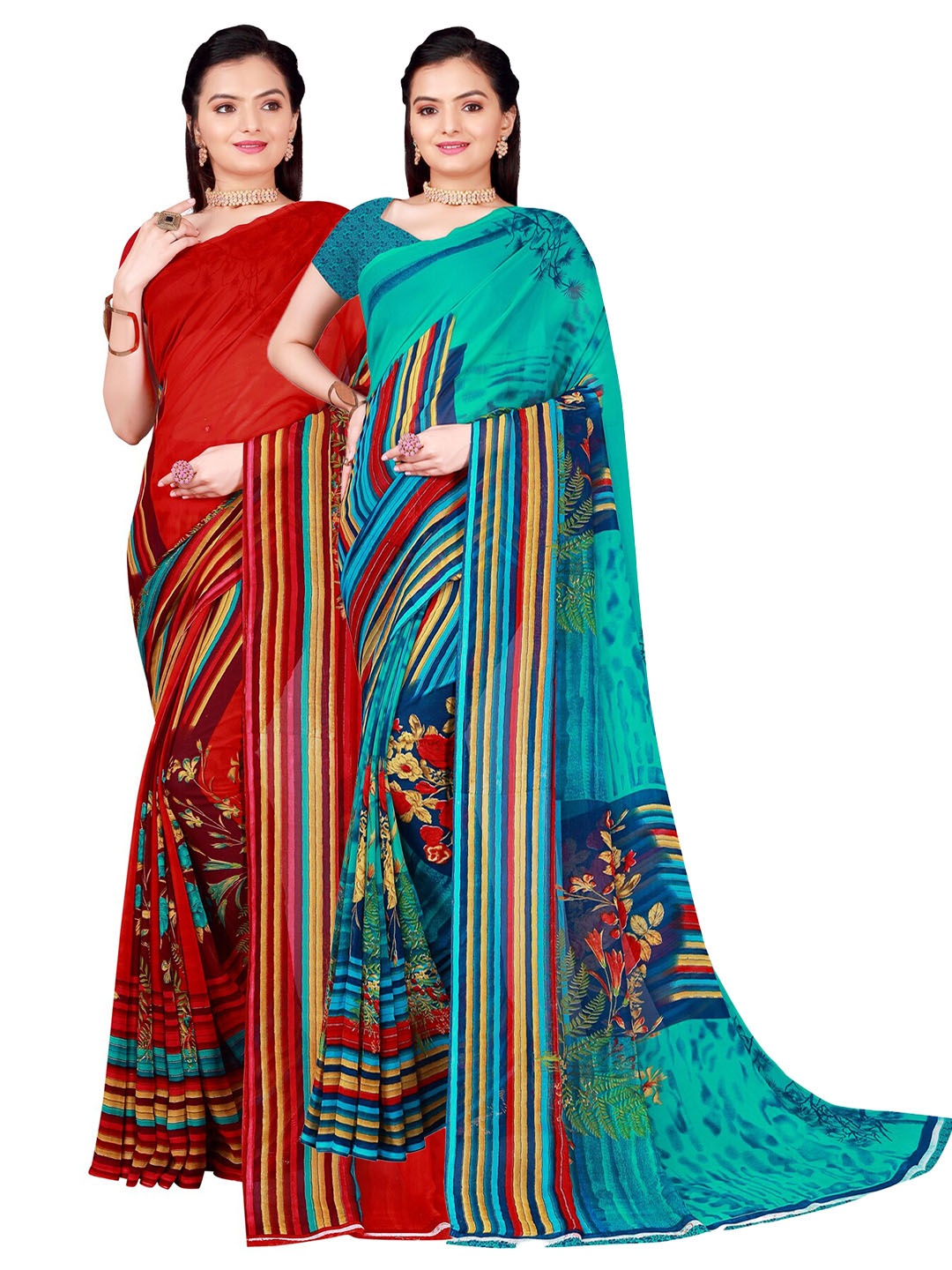 

SAADHVI Red & Teal Pure Georgette Saree Pack Of 2