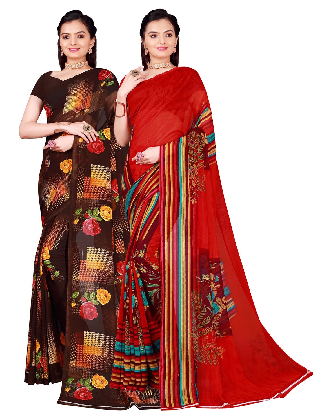 

SAADHVI Red & Brown Set of 2 Floral Printed Pure Georgette Saree
