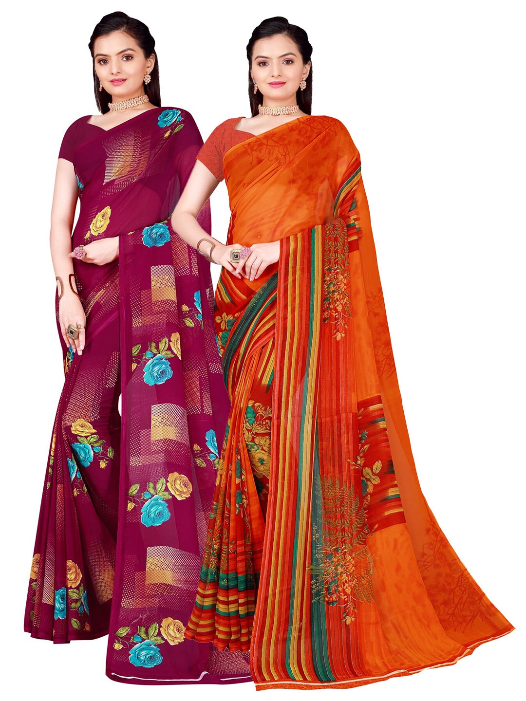 

SAADHVI Set of 2 Orange & Burgundy Floral Pure Georgette Saree
