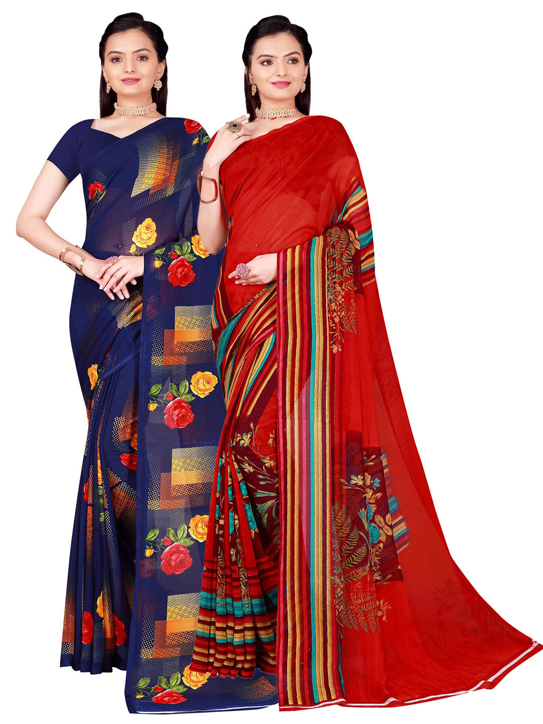 

SAADHVI Red & Navy Blue Set Of 2 Floral Printed Pure Georgette Saree