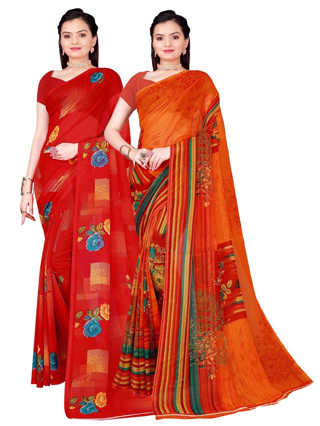 

SAADHVI Pack Of 2 Orange & Red Floral Pure Georgette Saree