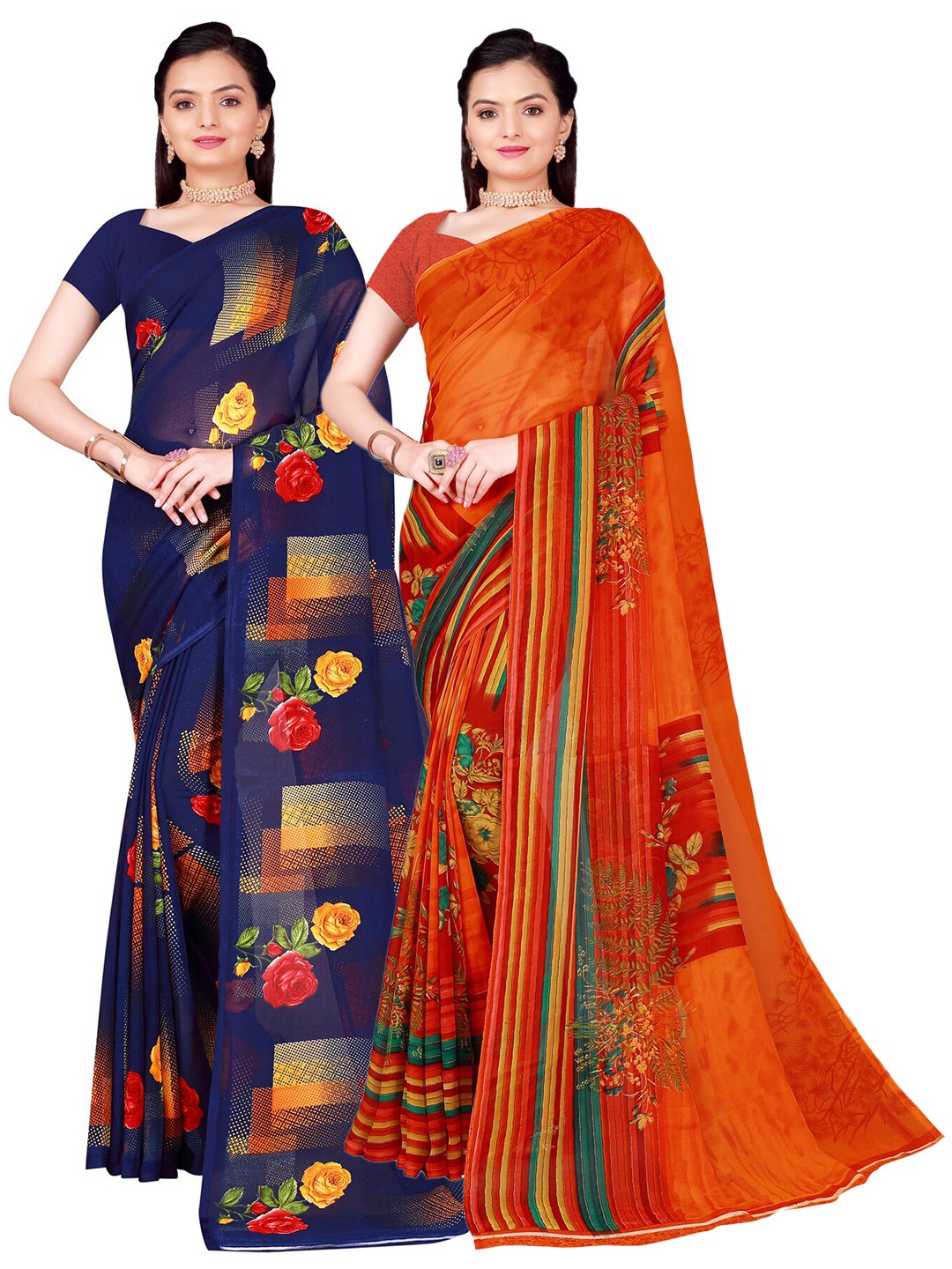 

SAADHVI Pack of 2 Floral Pure Georgette Sarees, Orange