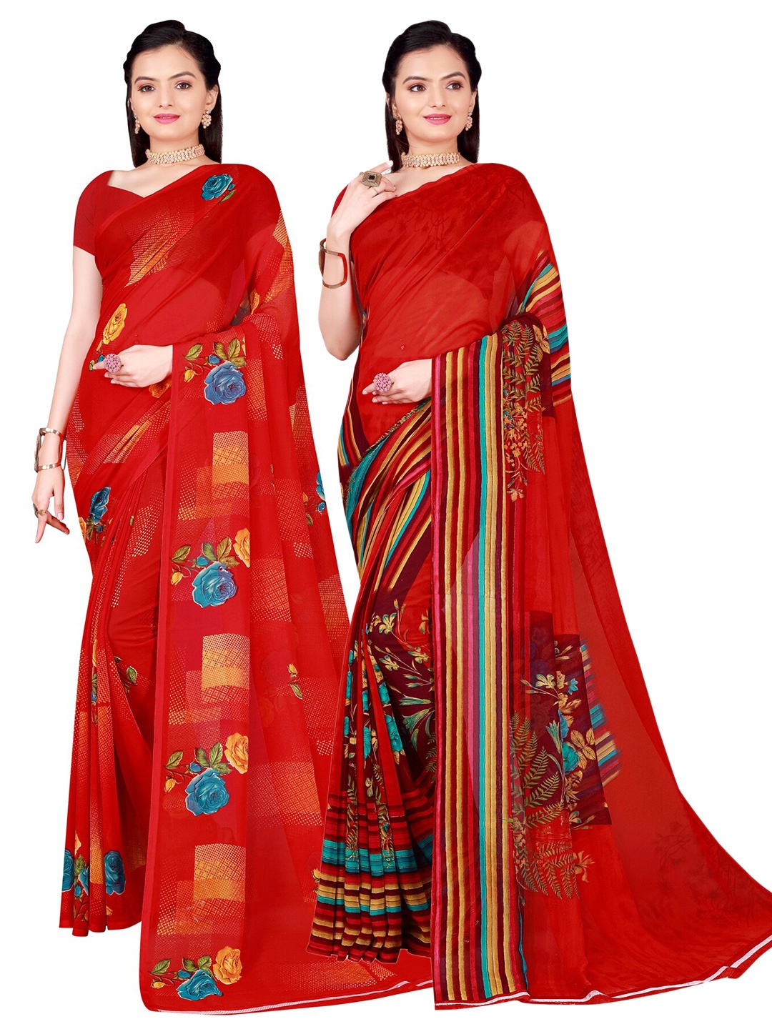 

SAADHVI Pack of 2 Red & Brown Pure Georgette Saree