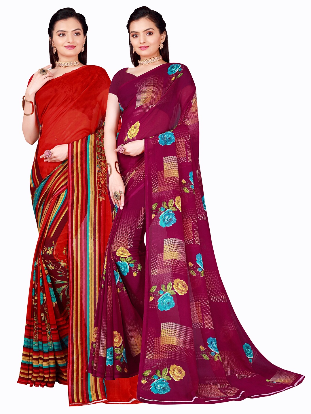 

SAADHVI Set Of 2 Red & Burgundy Floral Pure Georgette Saree