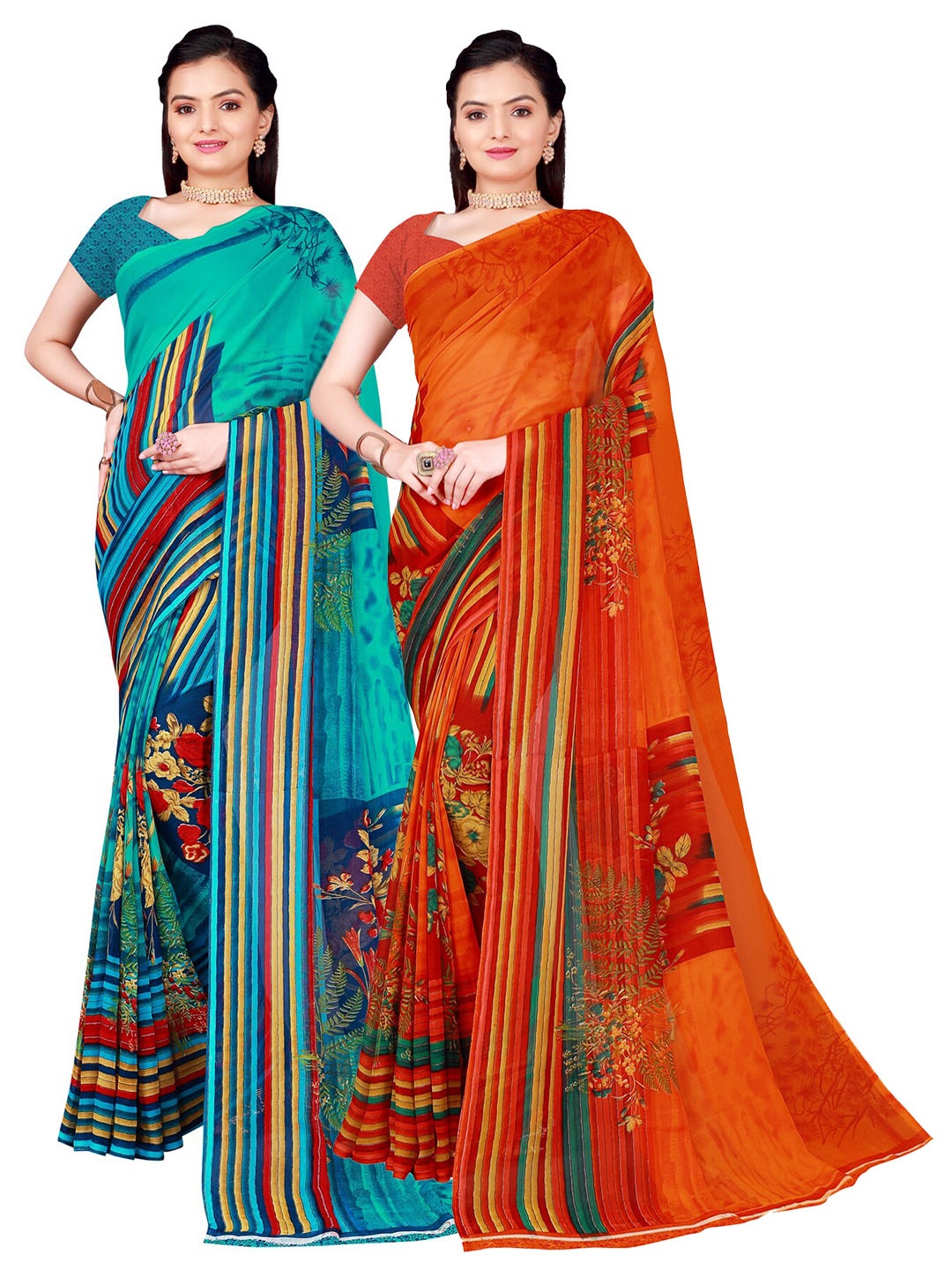 

SAADHVI Pack of 2 Printed Pure Georgette Sarees, Orange