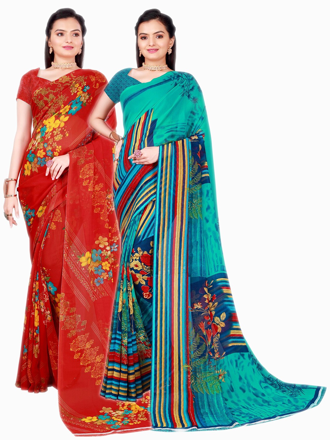 

SAADHVI Pack Of 2 Teal & Red Floral Pure Georgette Saree