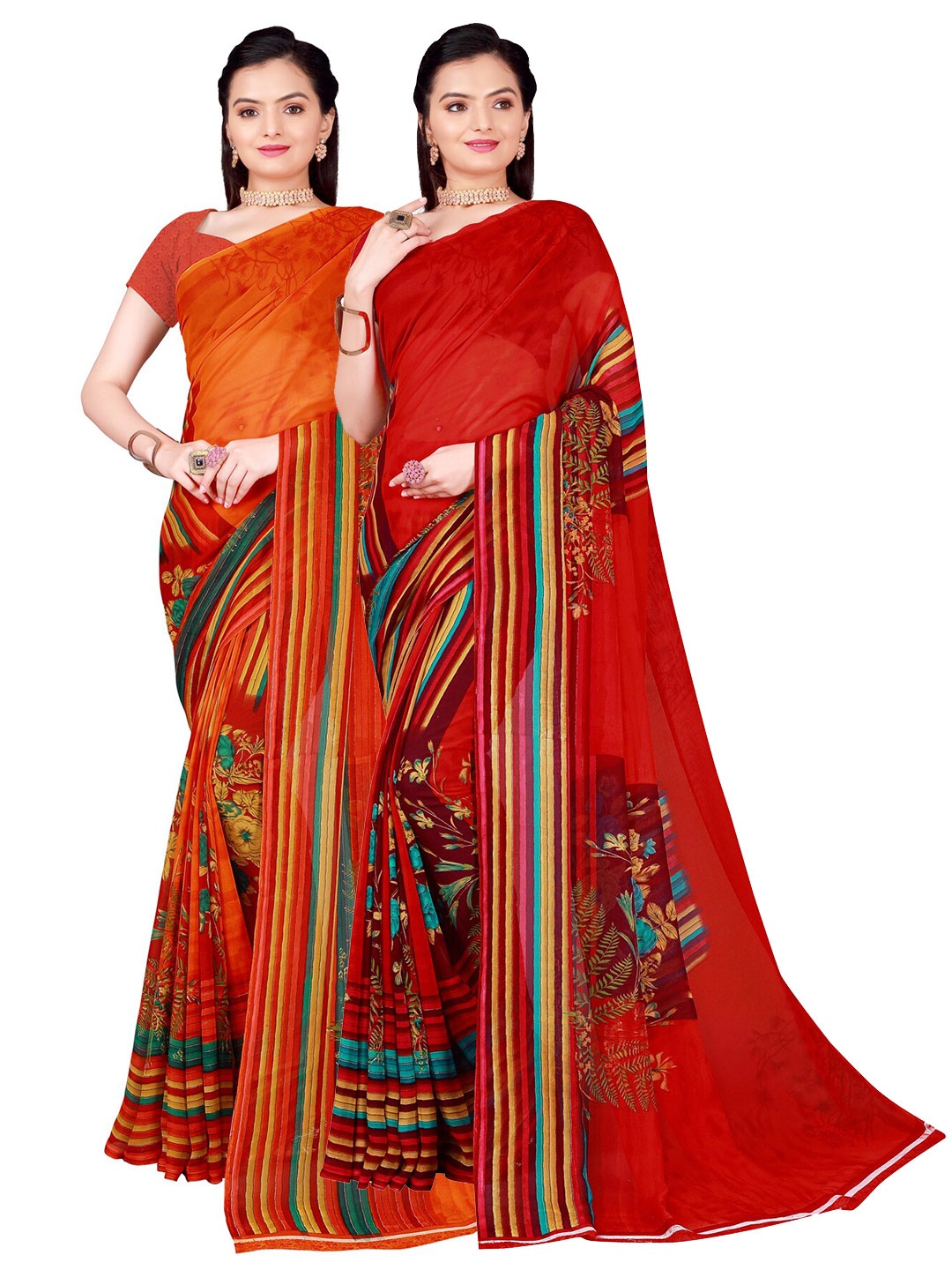 

SAADHVI Pack of 2 Orange & Red Pure Georgette Sarees