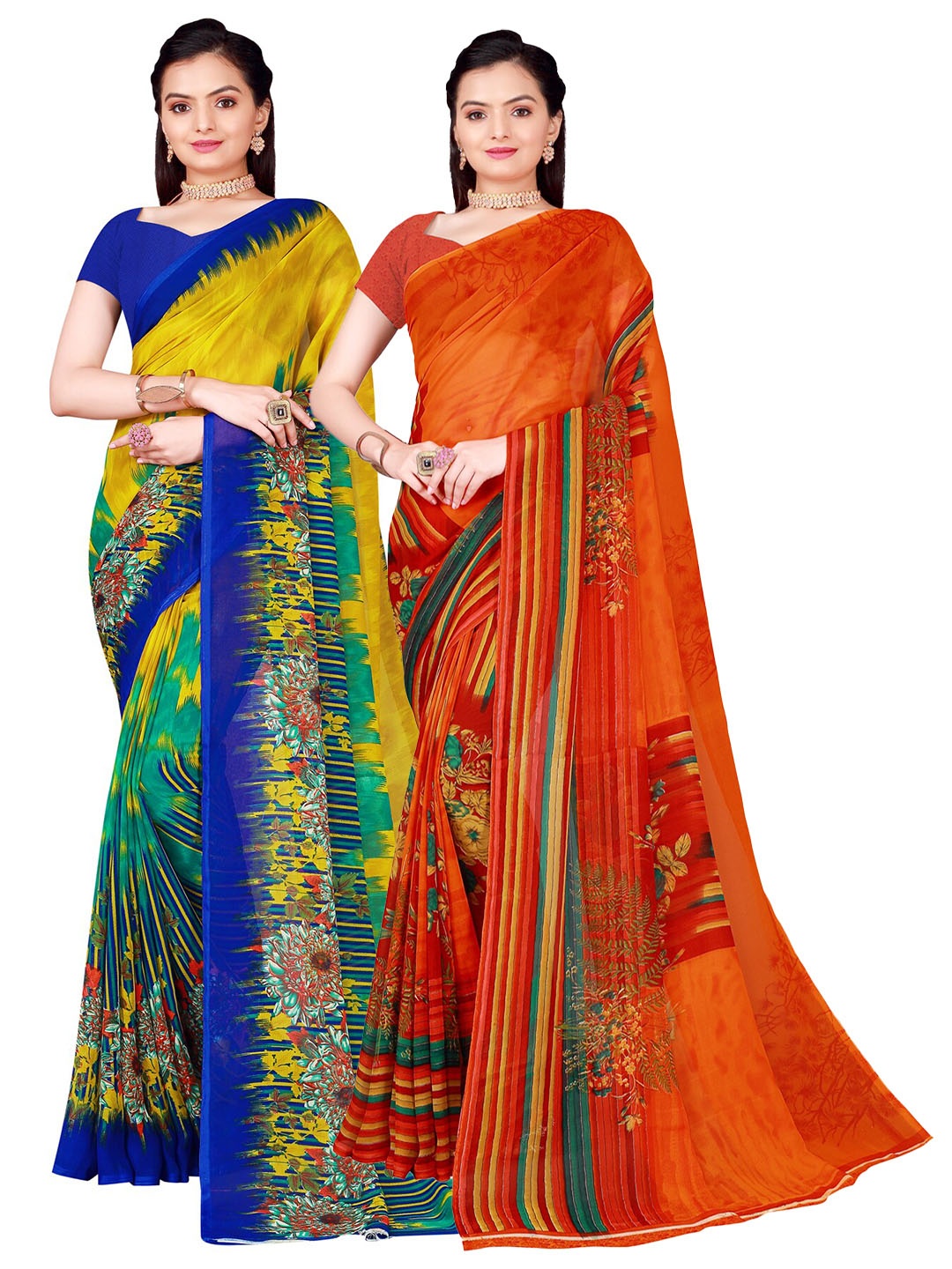 

SAADHVI Pack of 2 Orange & Blue Floral Pure Georgette Saree