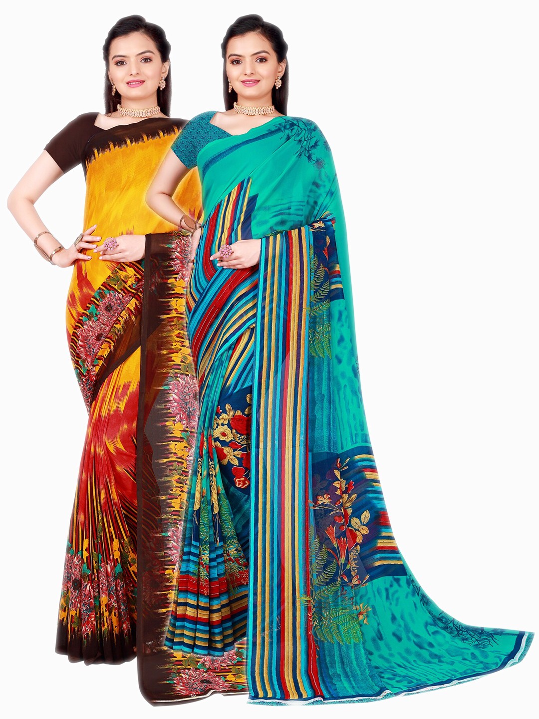

SAADHVI Set Of 2 Blue & Yellow Floral Pure Georgette Saree