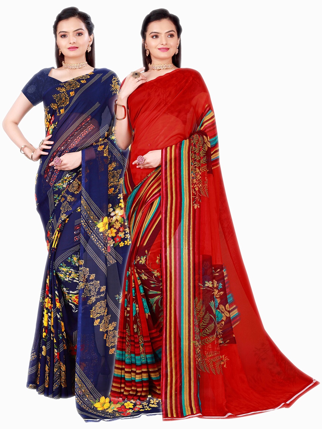 

SAADHVI Pack of 2 Red & Navy Blue Floral Pure Georgette Sarees`