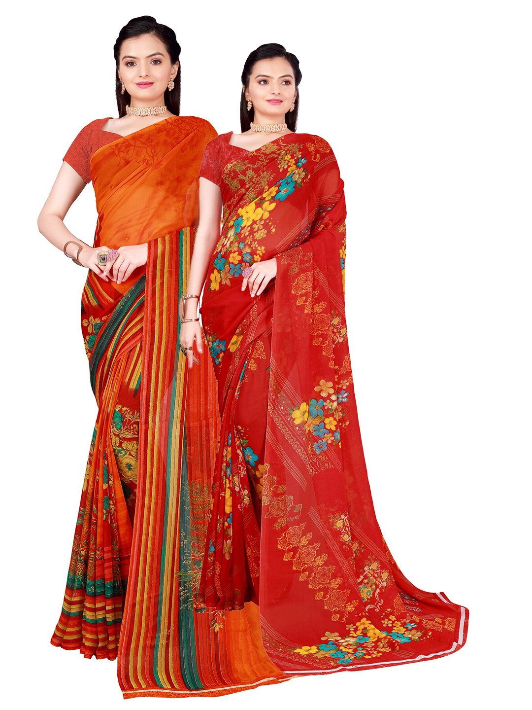 

SAADHVI Pack of 2 Printed Pure Georgette Sarees, Orange
