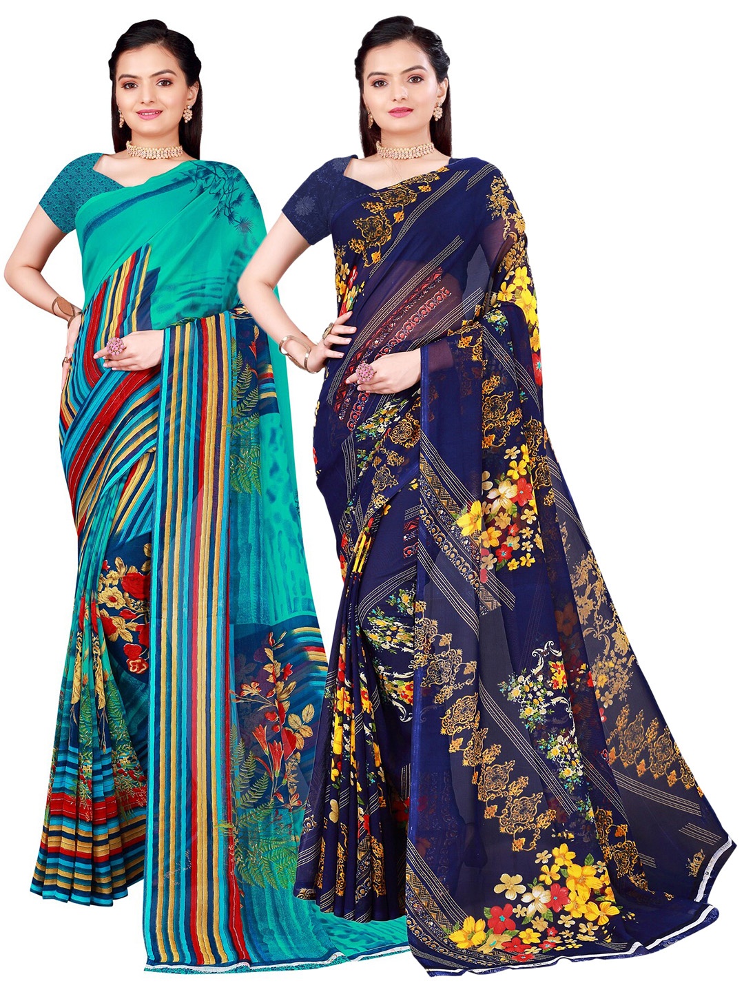 

SAADHVI Pack Of 2 Teal Blue & Navy Blue Floral Pure Georgette Saree