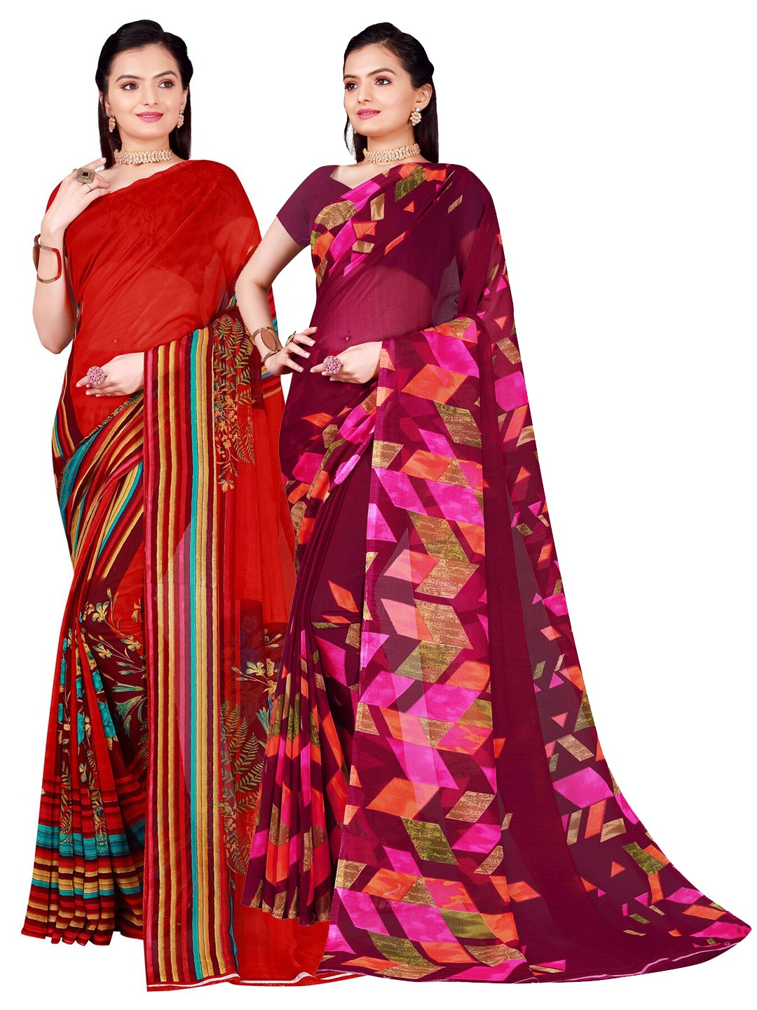 

SAADHVI Pack Of 2 Red & Burgundy Georgette Saree