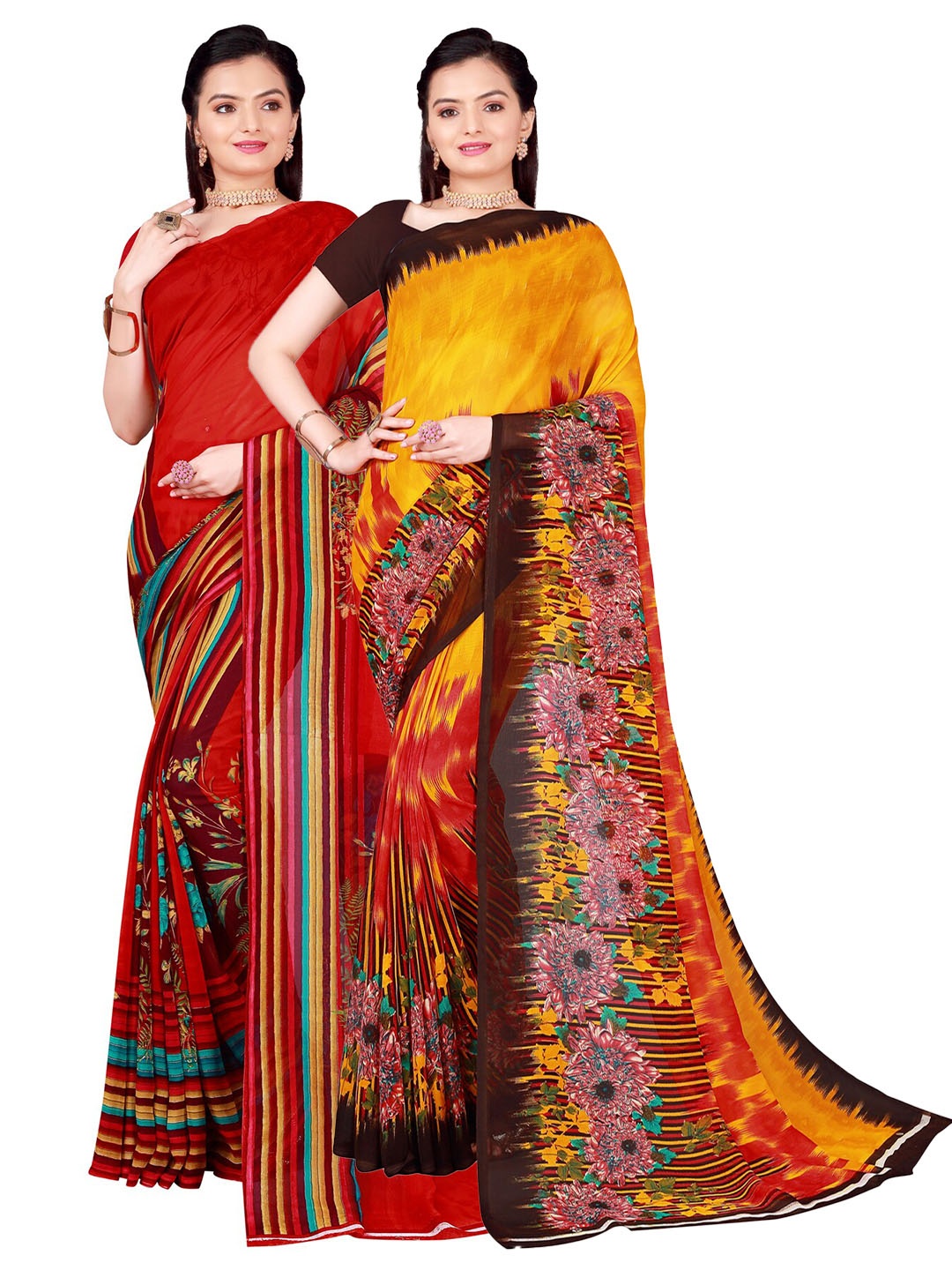 SAADHVI Pack of 2 Red & Brown Floral Pure Georgette Saree