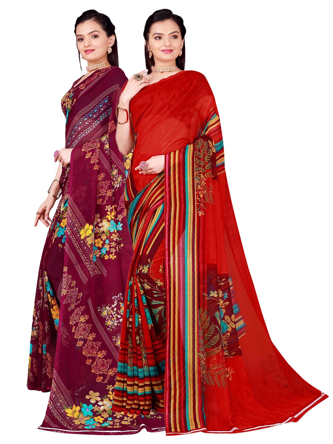 

SAADHVI Set Of 2 Red & Burgundy Pure Georgette Saree